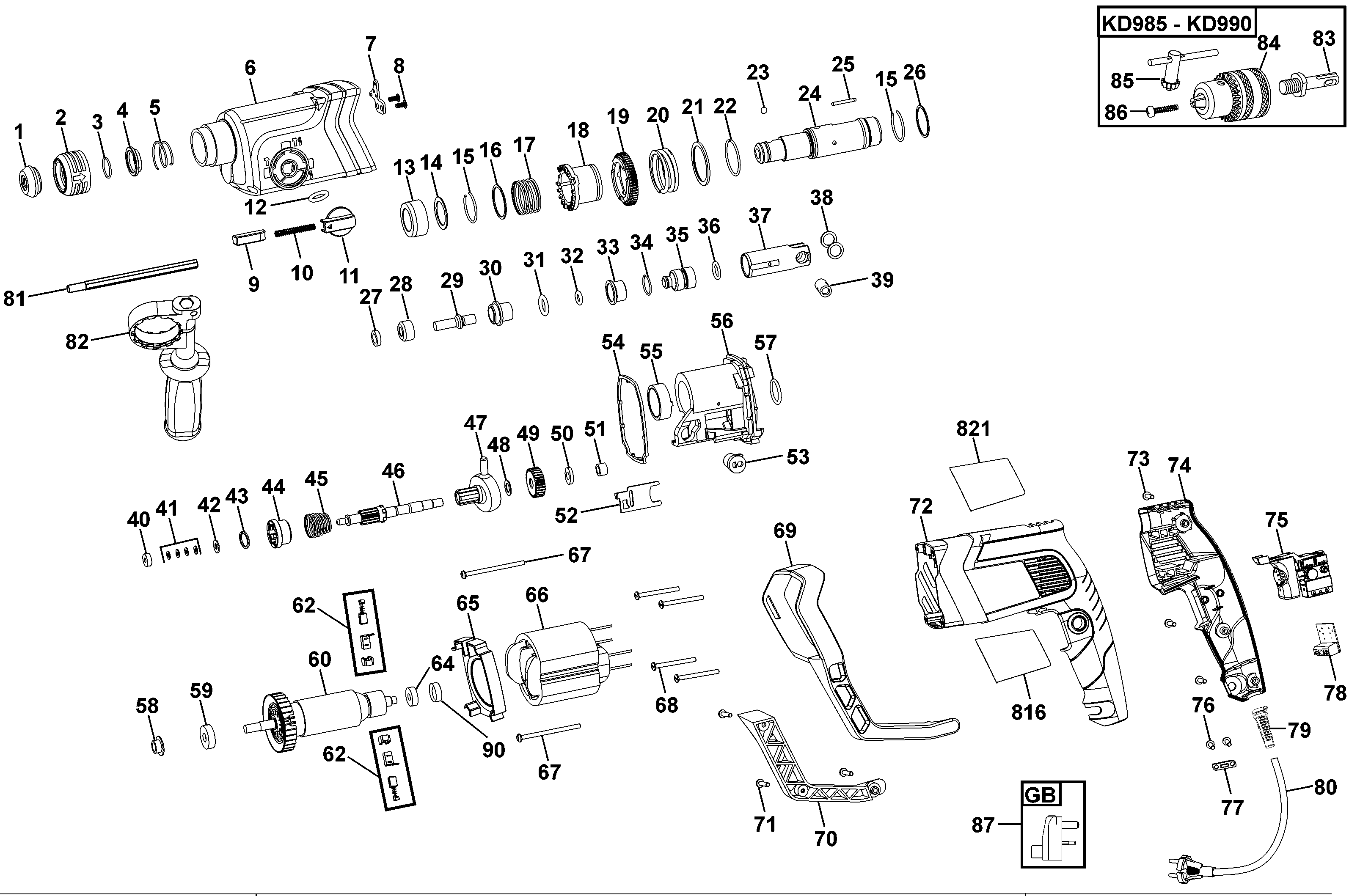 Default Diagram and Parts List for KD990KA-BR Type 1 Black and Decker Hammer